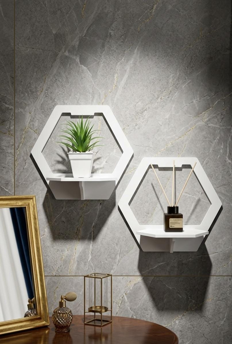 Lot de 2 Étagères Murales Hexagonales Blanches